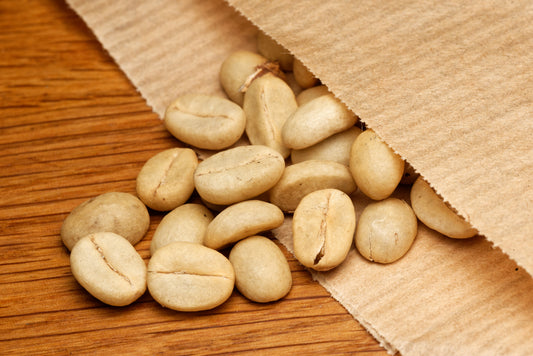 Frø fra Dværg Kaffetræ (Coffea arabica "Caturra") i brun papirspose
