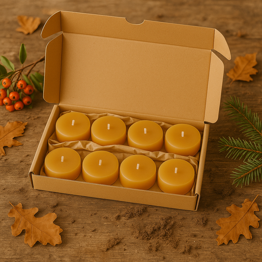 Fin æske med 8 stk fyrfadslys i ren bivoks. Efterårsstemning