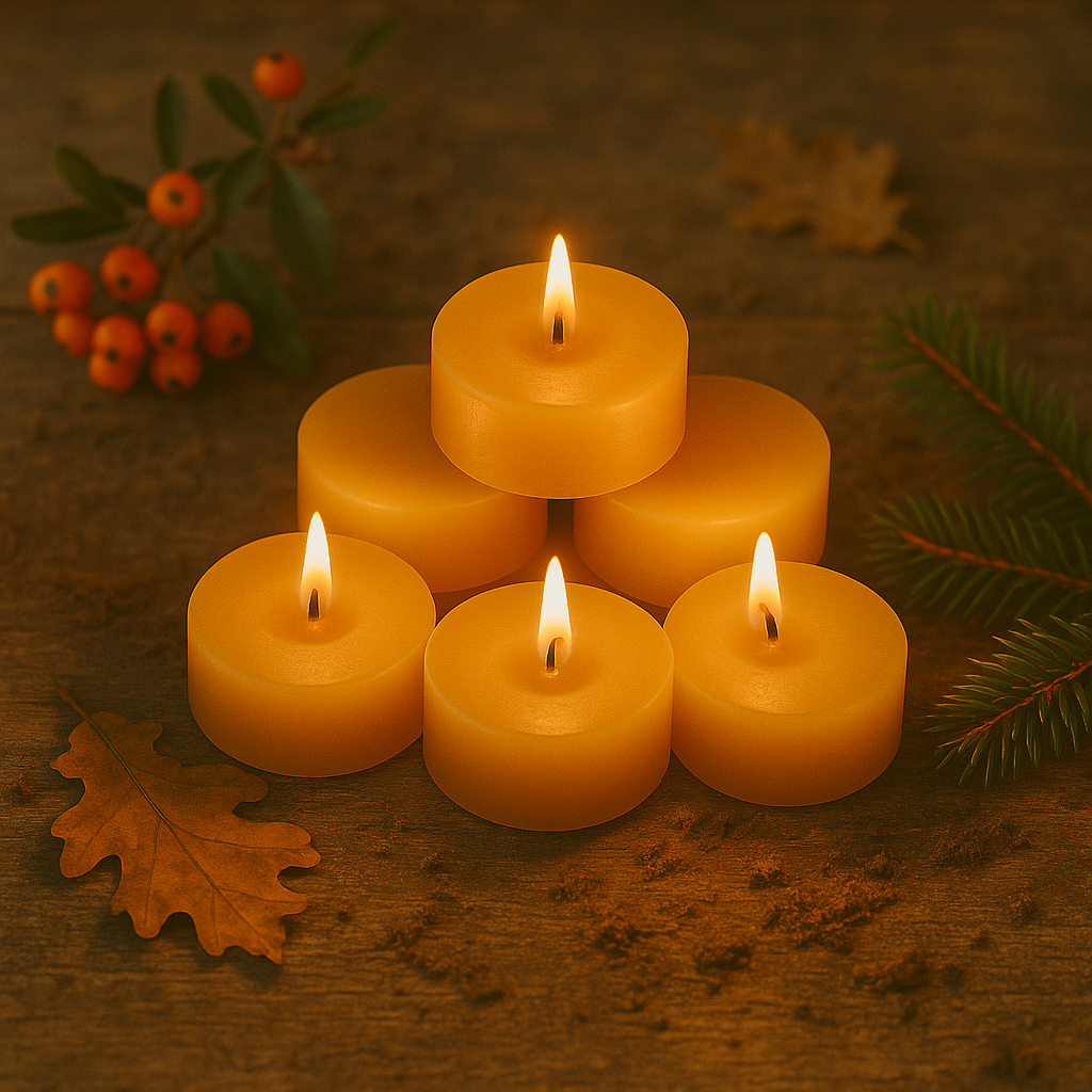 et par tændte fyrfadslys i ren bivoks. Står på et træbord med efterårsstemning