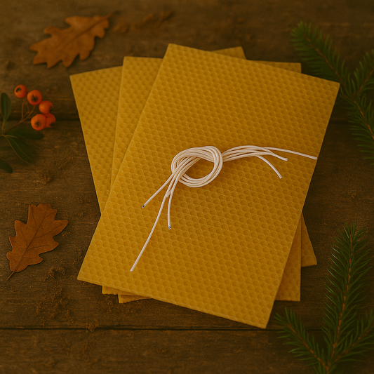 Tre plader bivoks, der ligger på et bord, klar til at blive rullet til lys