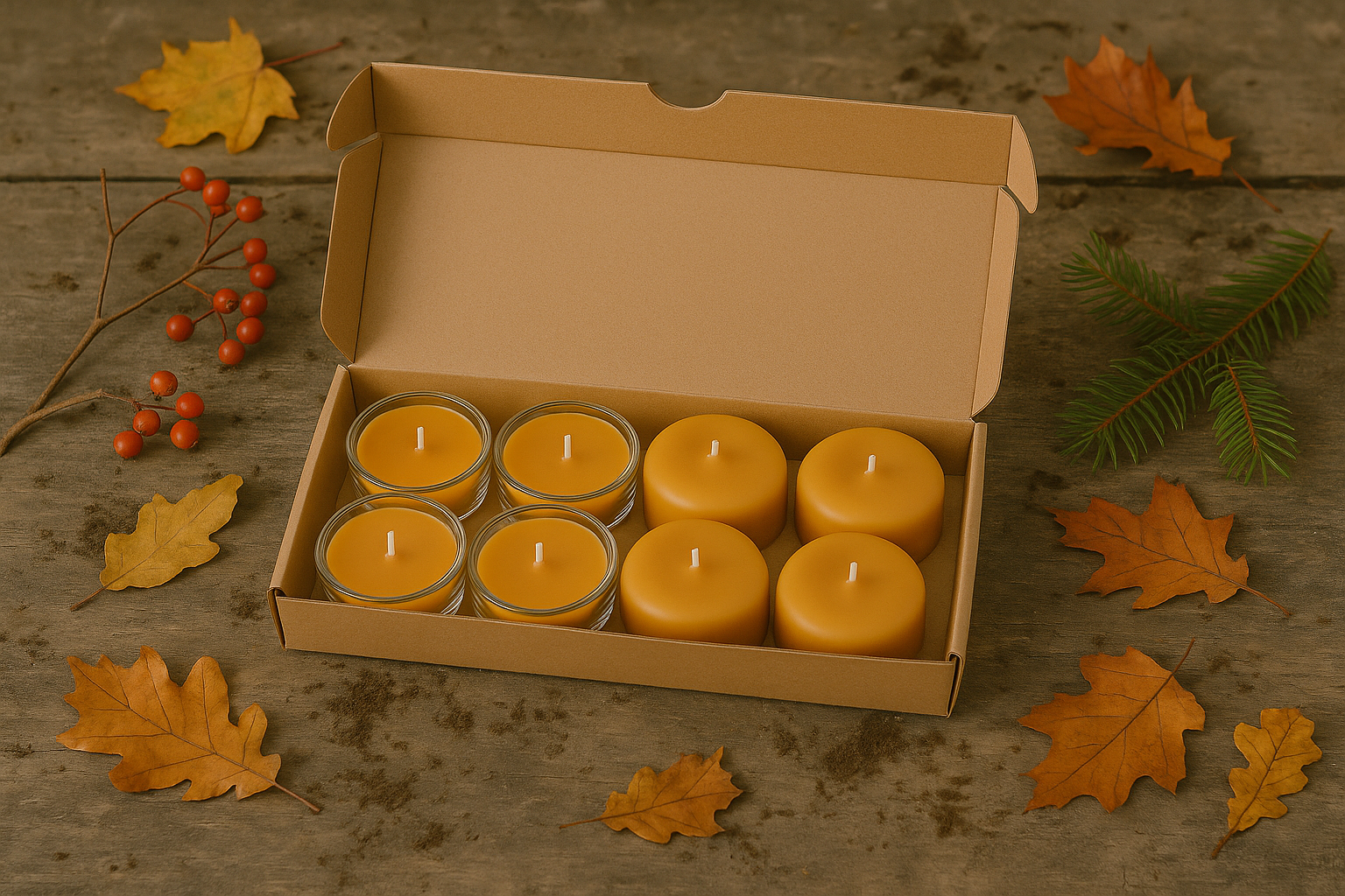 Fin æske med et mix af fyrfadslys i ren stearin. 4 lys er i glasstage og 4 lys er uden. Rundt om lidt gran og visne blade