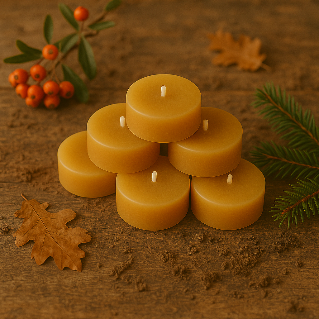 Fyrfadslys i ren bivoks, der står i en lille bunke på et efterårsbord