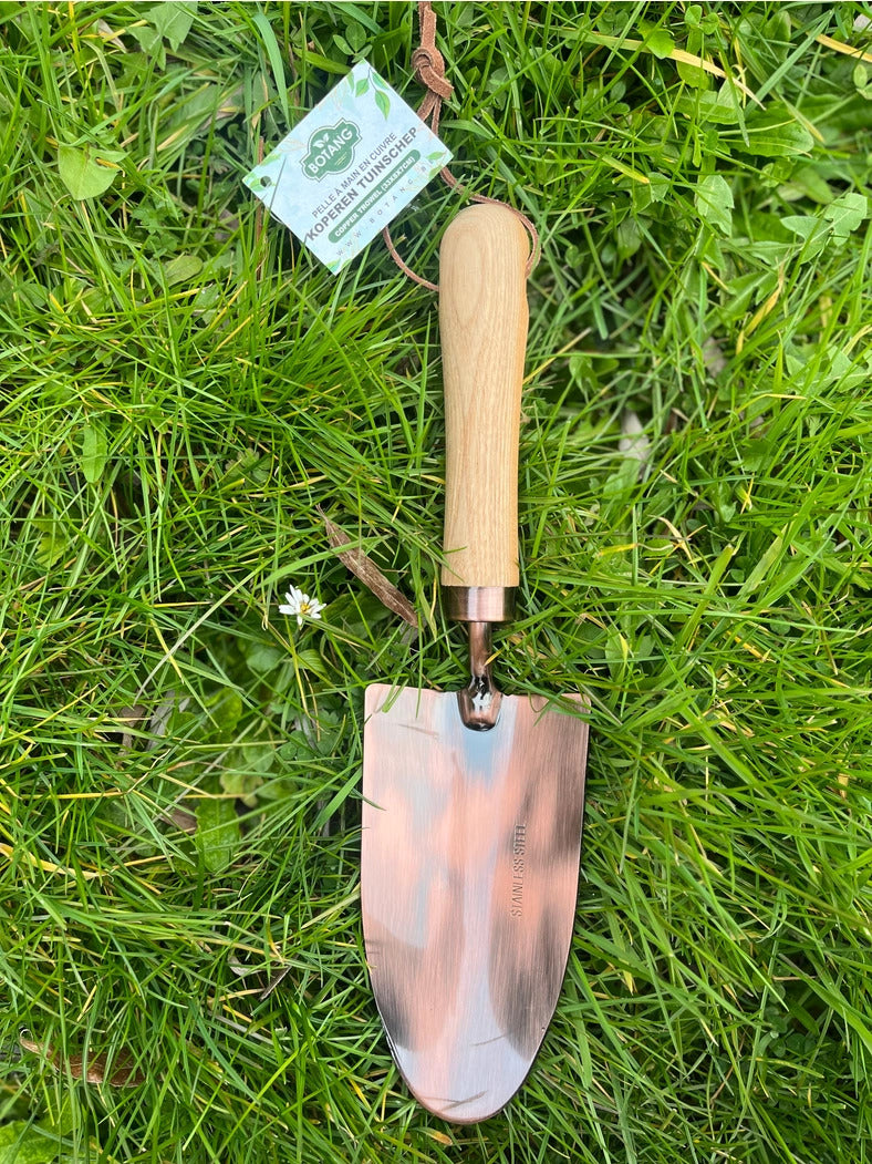 Flot haveskovl med træhåndtag og kobberbelagt skaft, der ligger på en grøn græsplæne