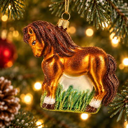 Glas julekugle, der forestiller en hest, der hænger i et juletræ