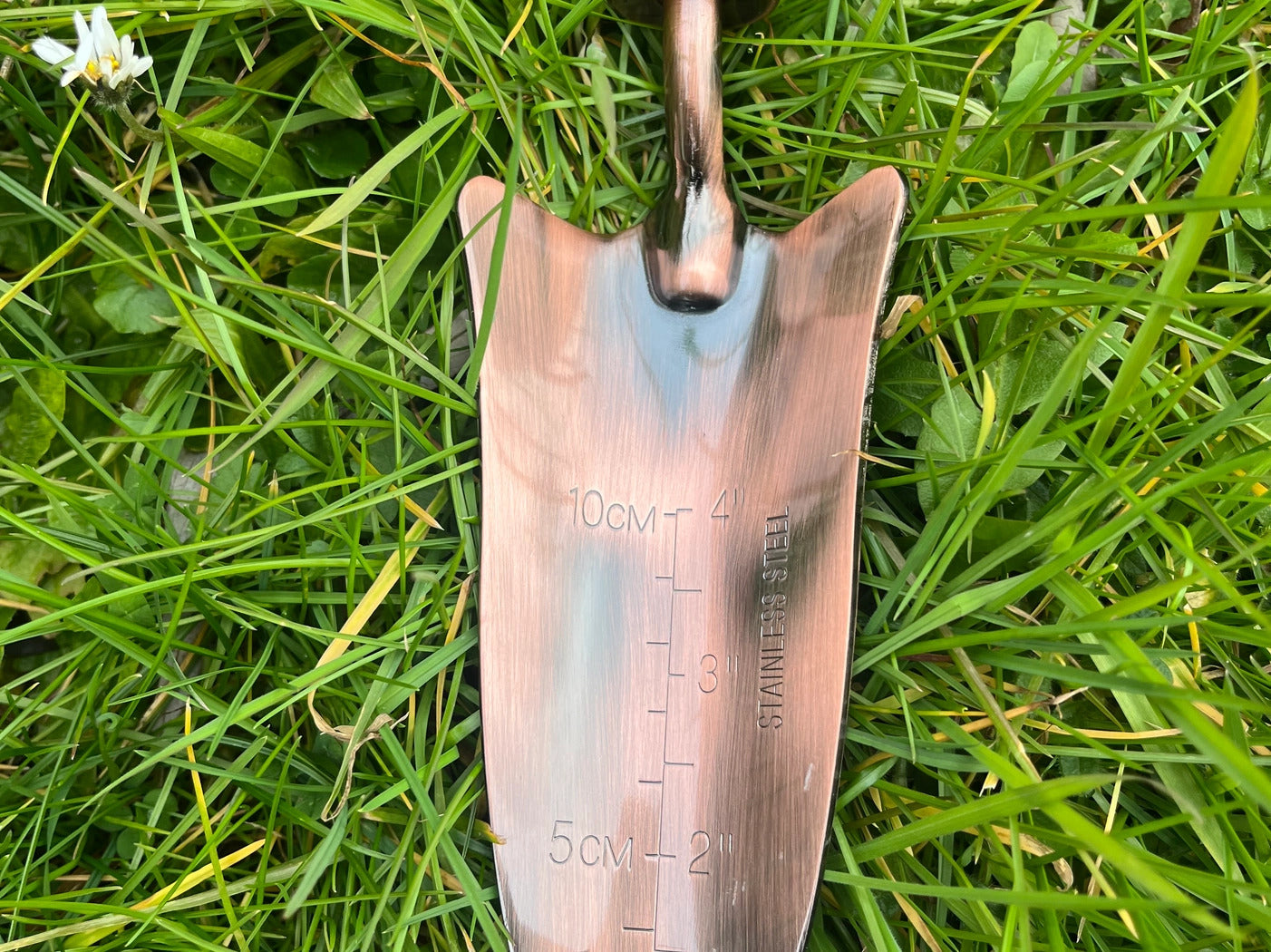 Lækker kobber planteskovl med dybdemåler på en græsplæne