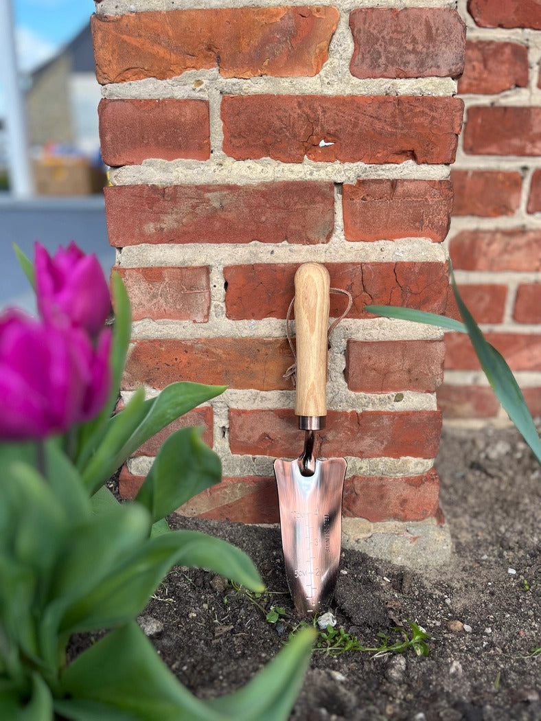 Kobberbelagt planteskovl med træhåndtag stående op ad en mur