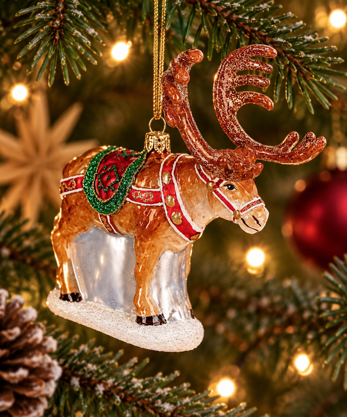 mundblæst glas julekugle, der forstiller et rensdyr. Hænger i et juletræ