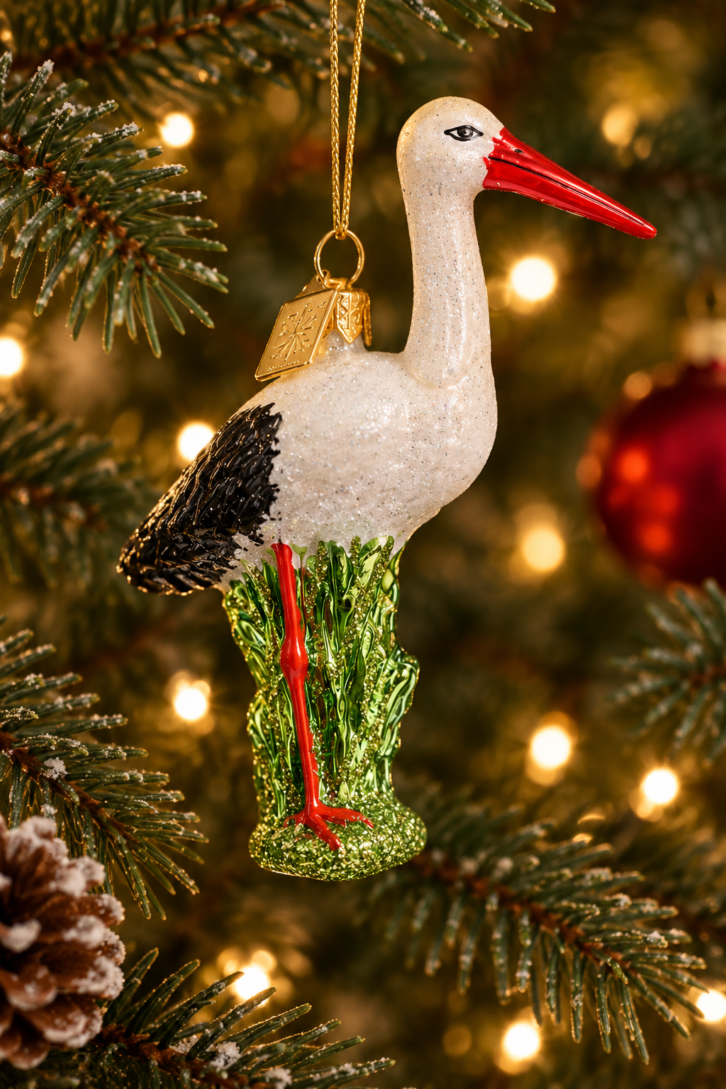 Flot glas julekugle der forestiller en stork. Den hænger i et juletræ