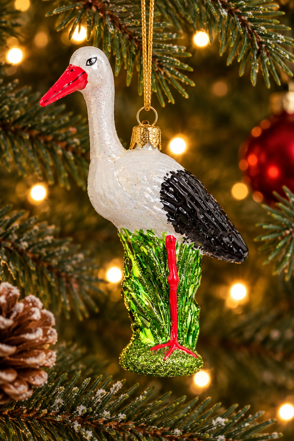 Julekugle, mundblæst og håndmalet. Forestiller en hvid stork